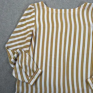LOFT Women's Medium White Yellow Stripe Long Sleeve Keyhole Back Blouse Top thumbnail 3