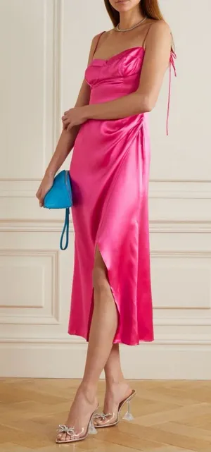 NEW NWT Reformation Marguerite 100% Silk Midi Dress In Flambe Bright Pink thumbnail 1