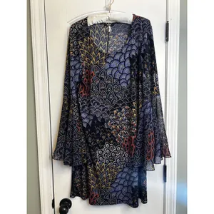 MSK Blue Paisley Flared Bell Sleeve Shift Dress Boho Floral Womens M/L READ thumbnail 12
