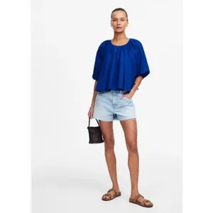 Madewell Top Womens Small‎ Blue Shirred Puff Sleeve Top Cotton Silk NV194 thumbnail 2