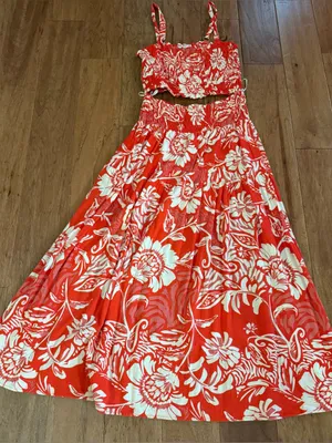 Women's Red Floral Maxi Dress with Smocked Bodice thumbnail 1