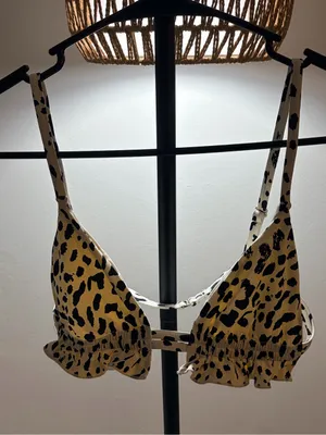 Leopard Print Ruffle swim top in Cream and Black thumbnail 3
