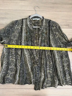 Zara Green Tan Python Snake Print Open Front Tassel Embroidered Blouse Large thumbnail 8