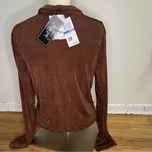 JUST POLLY NWT Chocolate Brown Ruched Front Long Sleeve Top Size L‎ thumbnail 5