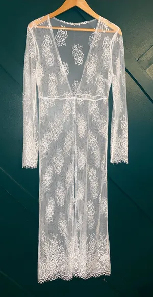 En Crème Sheer White Long Kimono Lace Maxi Swin suit Cover-Up Bridal Robe thumbnail 1