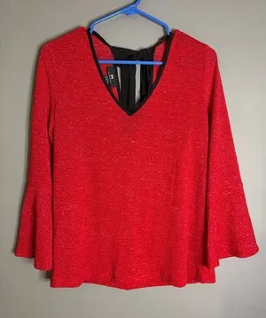 I.N. San Francisco Long Sleeve Bell Sleeve V Neck Bow Back Shirt Size L thumbnail 1