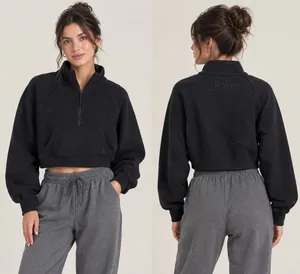 Black Half-Zip Funnel Neck Cropped Sweatshirt with Thumbholes size 8 or M thumbnail 2
