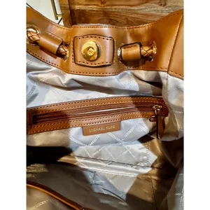 Michael Kors Montauk canvas shoulder bag cream fabric brown leather handles Y2K thumbnail 10