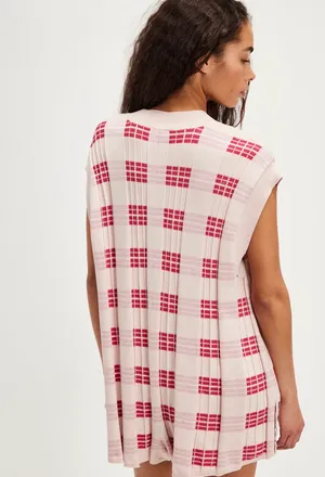 Free People Lewis Plaid Romper Pink Red Plaid Oversized Button Front thumbnail 3