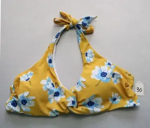 Yellow Floral Padded Halter Tie‎ Knot Boho Swim Sports Bra Bikini Top L Large thumbnail 1