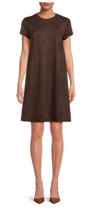 J McLaughlin Dress XS Brown Faux‎ Suede Swing Short Sleeve Pockets Minimalist thumbnail 1