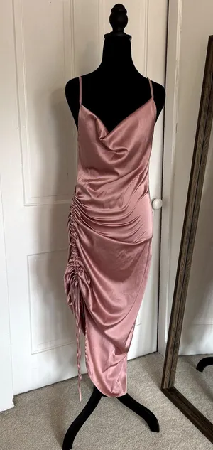 Satin Silky Dusty Rose Midi Dress with Side Ruching Women's Size Medium thumbnail 1