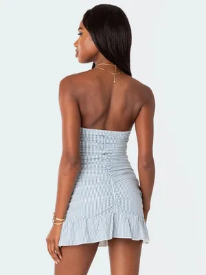 Edikted Gaia Gathered Mini Dress Strapless Striped Ruched Ruffle Hem thumbnail 2