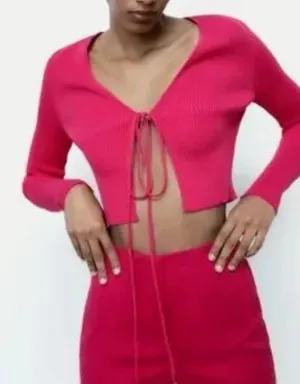 Zara Fuchsia Ribbed Cropped Tie‎ Top Size Med NWOT thumbnail 3