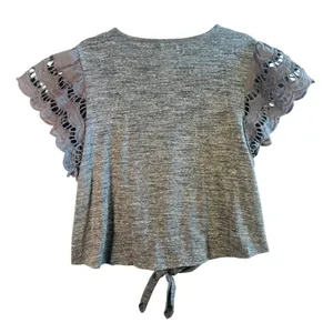 Maurices Gray Tie Front Top Crochet‎ Lace Flutter Sleeves Women's Size XL thumbnail 2