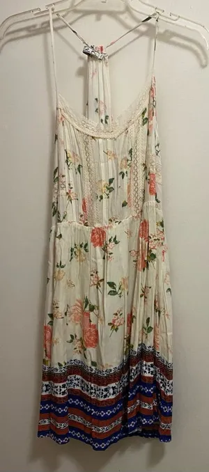 Chloe K Womens Mini Dress XL 38” Beige Pleated Floral Boho Print Blue Orange thumbnail 1