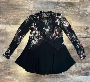 Daytrip High Neck Long Sleeve Black Floral Blouse with Lace Keyhole Size XS thumbnail 1