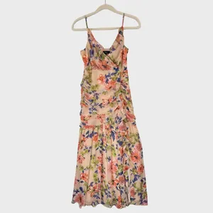 Lulus Dress Blush Pink Stunning Soiree Floral Ruched Midi V Neck Chiffon Small thumbnail 2