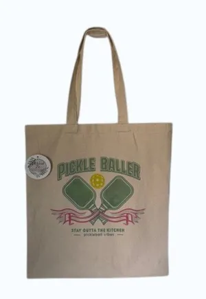 Leslie Jo Design Pickle Baller Canvas Tote Bag Beige Stay Outta The Kitchen NWT thumbnail 1