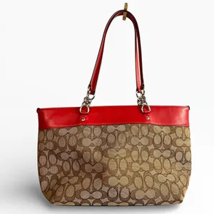 Coach Sophia Chain Tote‎ Bag RED Khaki Signature C Shoulder Laptop Carrier 37118 thumbnail 2