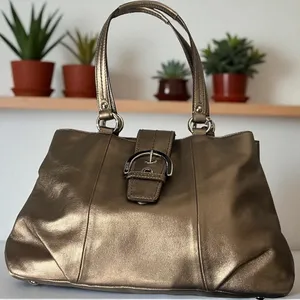 Coach Metallic Bronze Leather Buckle Shoulder Bag Satchel Handbag Purse‎ thumbnail 3