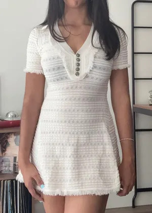 White Textured Fringe Trim V-Neck Henley Fit & Flare Mini Dress Short Sleeves thumbnail 1