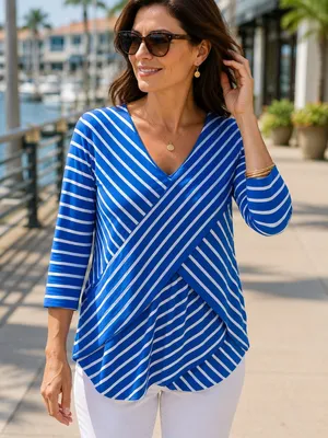 Chico's Miraculous Stripe Tiered Top Blue White‎ Asymmetrical Stripe Sz 1 M 8 thumbnail 1