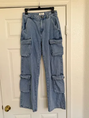 House of CB Light Wash Wide Leg Utility Cargo Denim Blue Jeans XS thumbnail 3