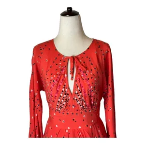 Free People Red Coryn Coral Polka Dot Long Sleeve Fit And Flare Dress Size‎ 0 thumbnail 5