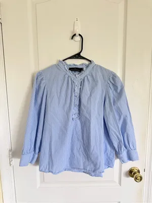 Tuckernuck Pomander Place Light Blue Pinstripe Ruffle Popover Blouse thumbnail 3