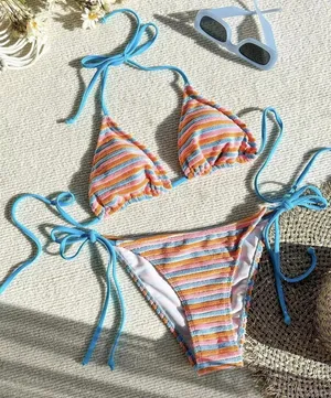 Women's Striped High Waisted Halter Triangle Bikini Swimsuit XS thumbnail 1