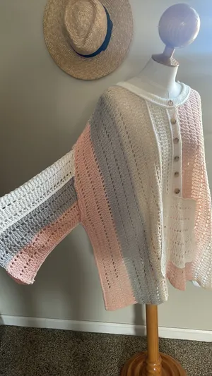 POL Blush Coral Stripe Loose Crochet Sweater - size small thumbnail 7