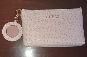 GUESS Logo Print Zipper Pouch / Cosmetic Bag with Compact Mirror Charm thumbnail 1