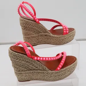 Christian Louboutin Neon Pink Studded Espadrille Wedge Sandals 38 thumbnail 2