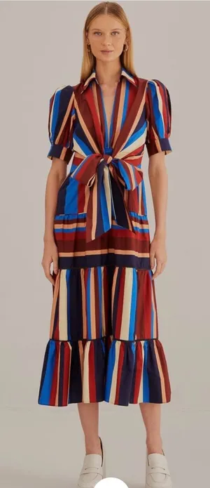 Farm Rio Stripped Multicolor Winter Stripes Short Sleeve Midi Dress Sz Medium thumbnail 1