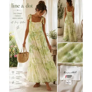 Line & Dot Green Tie Dye Tiered Maxi Dress Tie Strap Large Cottagecore Summer thumbnail 2