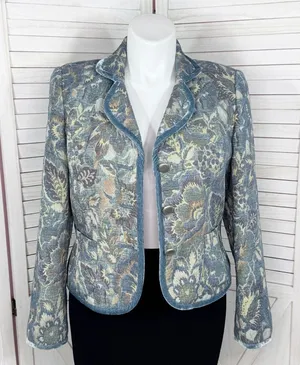 Vintage Talbots Blazer Women XL Blue Floral‎ Brocade Velvet Trim Jacket Boho thumbnail 1