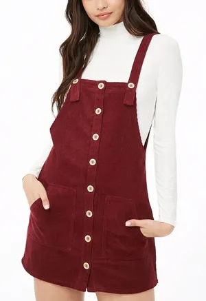 Forever 21 Burgundy Corduroy Overall Dress Pinafore Jumper Button Front‎ Size S thumbnail 1