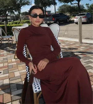 Zara Elegant Burgundy brown wine Maxi Dress stretchy long Sleeve Casual bodycon thumbnail 5