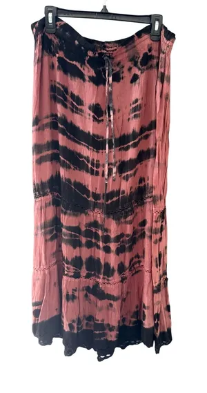 Mauve Black Tie Dye Tiered Maxi Skirt Viscose Boho Lace Trim Free‎ Size India thumbnail 1