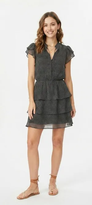 French Kiss Black & White Polka Dot Flutter Sleeve Tiered Ruffle Mini Dress NWT thumbnail 1