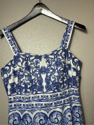 Antonio Melani Blue White Mediterranean Tile Print Midi Dress Square Neck Size 6 thumbnail 3