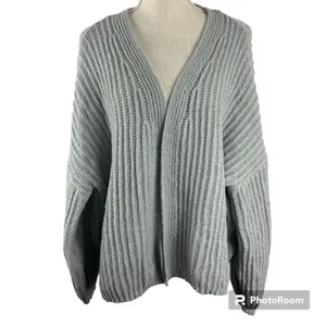 SHEIN Gray Balloon Sleeve Open Front Cardigan Sweater Large Knit Cozy EUC thumbnail 2