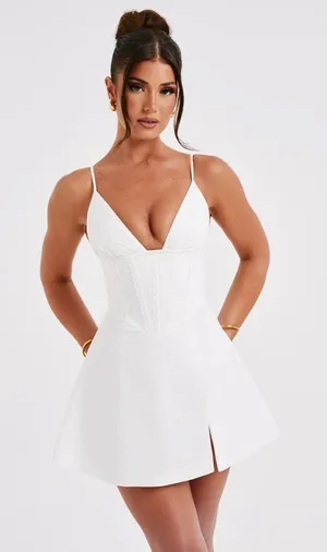 NWT Babyboo Sela Ivory Lace Up Corset Fit & Flare Mini Dress Womens Size S Small thumbnail 1