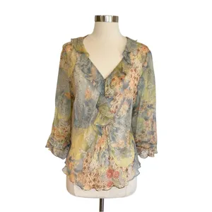 Y2K Silk Floral Ruffle Blouse Fairycore Sheer Top thumbnail 2