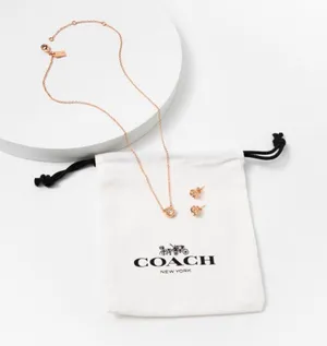 NEW Coach Open Circle‎ Necklace And Tea Rose Stud Earrings Set Rose Gold Jewelry thumbnail 1