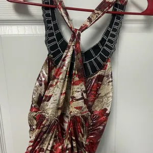 Red Patterned Ruched Mini Dress with Embellished Halter Neck thumbnail 4