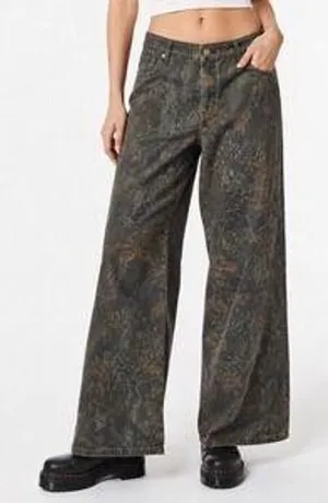 Refrain Wide Leg Jeans Women 0/24 Dark Brown Camo Forest Print High‎ Rise Pants thumbnail 1