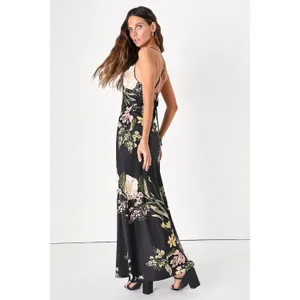 NWT Lulus All About the Drama Black Floral Satin Cowl Neck Maxi Dress Cruise S thumbnail 7