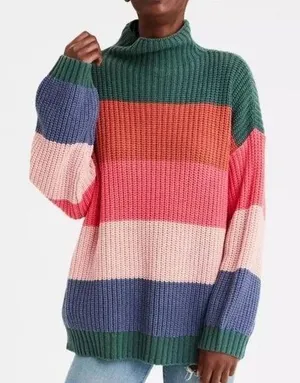American Eagle Striped Chunky Knit High Neck Colorful Sweater thumbnail 1